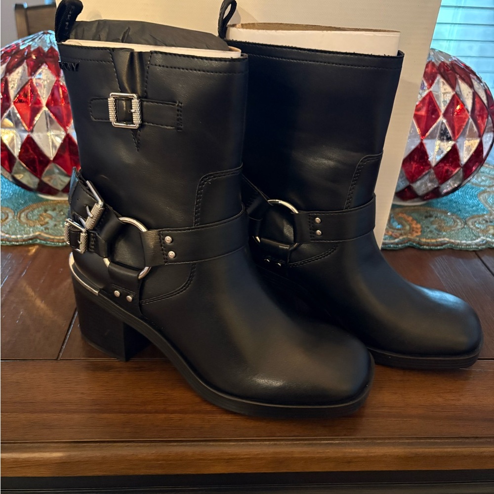 DKNY Black Moto Boots with Silver Accents